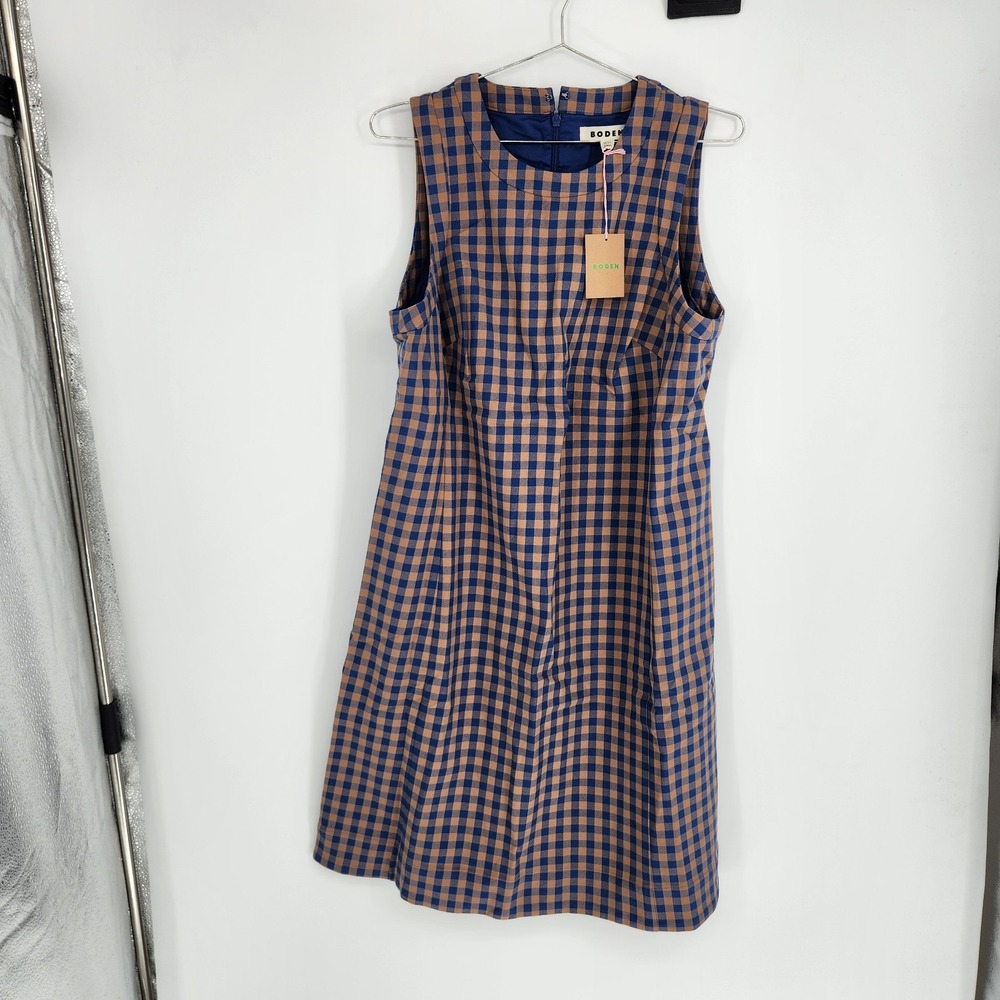 Boden Size 10L Blue Gingham Camel Lou Check Shift Dress NWT